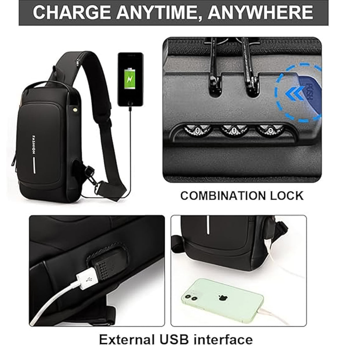 Trendy Anti-theft Crossbody Sling Bag With Usb Charging Port (1 Pc)